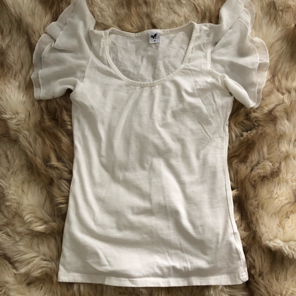 Classy White Tee with Sheer Ruffled Sleeves